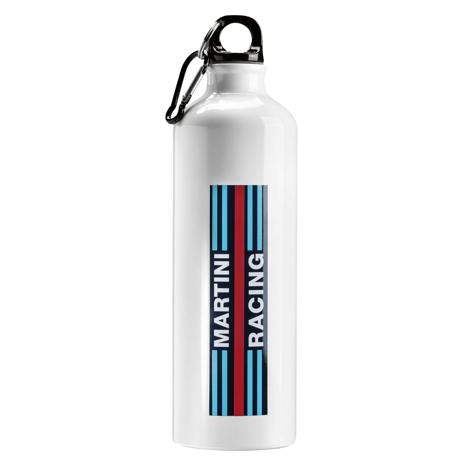 Vit aluminiumflaska med Martini Racing-design och skruvlock med karbinhake