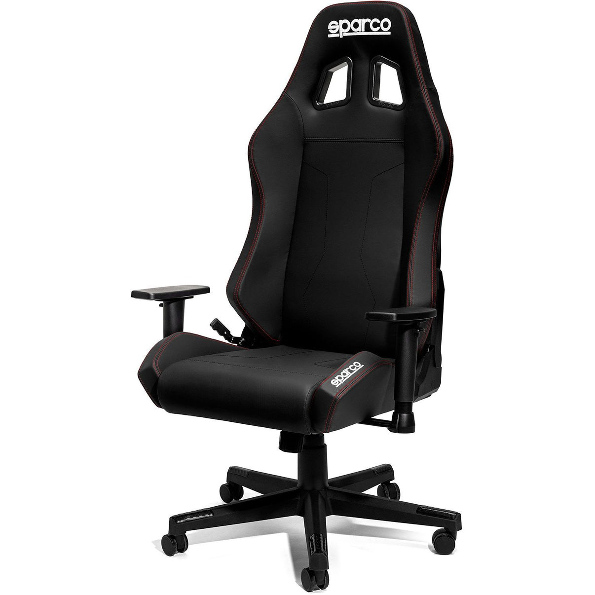 Sparco Coach kontorsstol för gaming och kontor, svart med röda sömmar, ergonomisk design