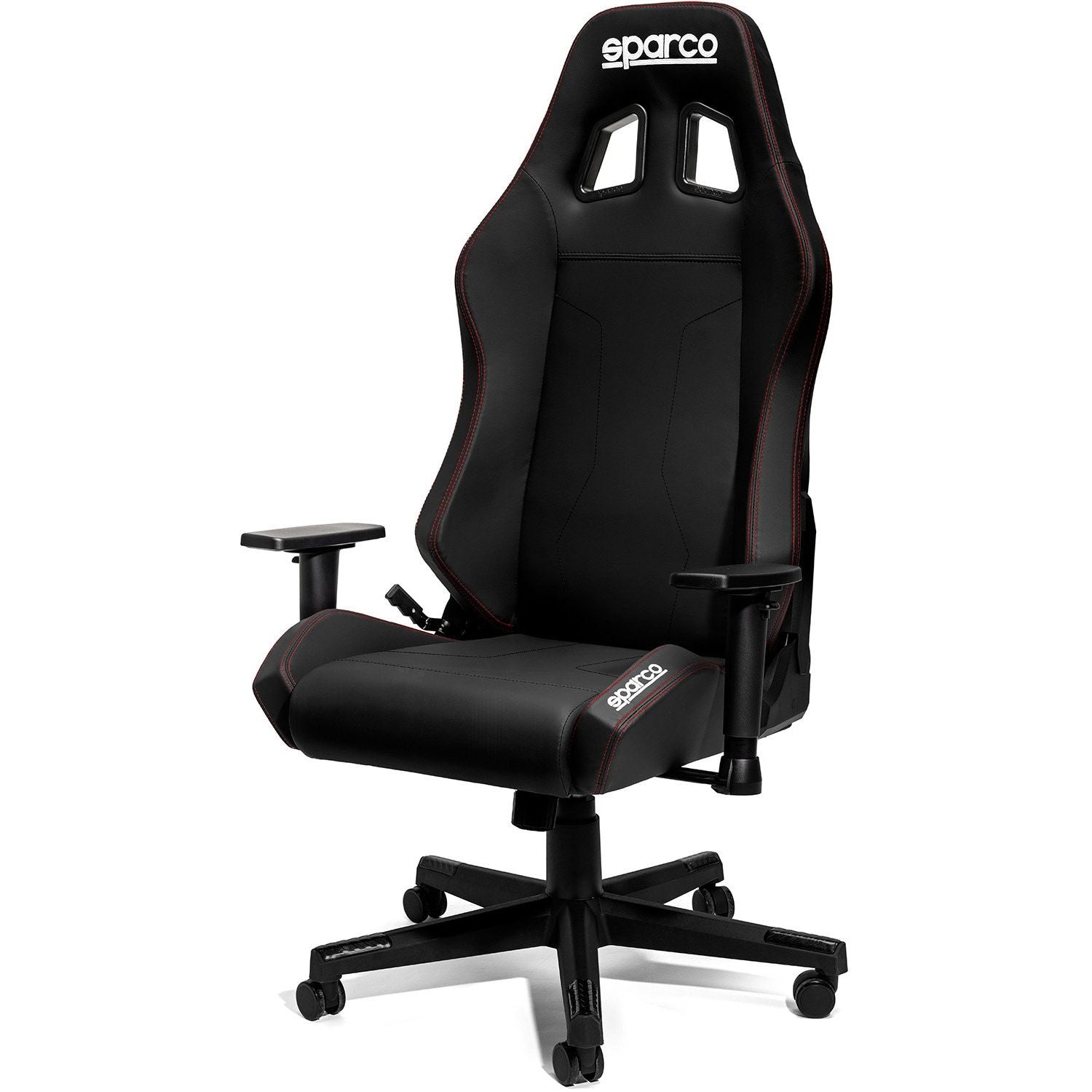 Sparco Coach kontorsstol för gaming och kontor, svart med röda sömmar, ergonomisk design