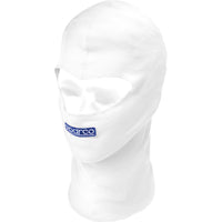Sparco huvudskydd B-Rookie racingbalaclava i vitt med blå logo, elastiskt bomullsmaterial för karting och motorsport