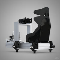 SIMRIG SR2 motionsystem under silverfärgad aluminiumrigg med racingstol